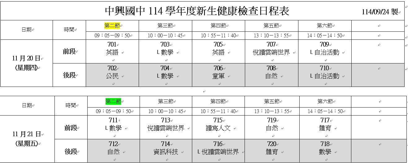 中興國中114學年度新生健康檢查日程表 