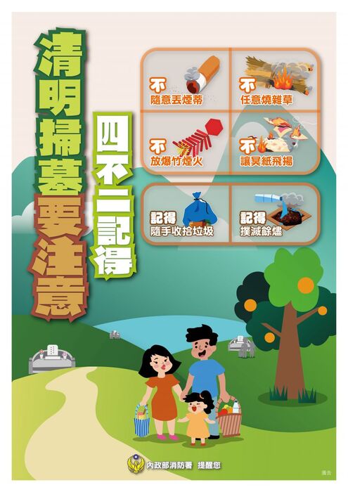 清明掃墓期間，推廣「除草不用火、紙錢不燃燒、爆竹不燃放、煙蒂不亂丟及垃圾要帶走」，以預防山林田野火災發生。